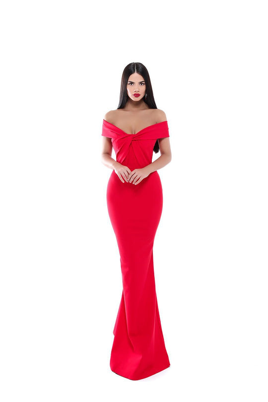 Tarik Ediz - 50524 Draped Off Shoulder Weaved Mermaid Gown In Red