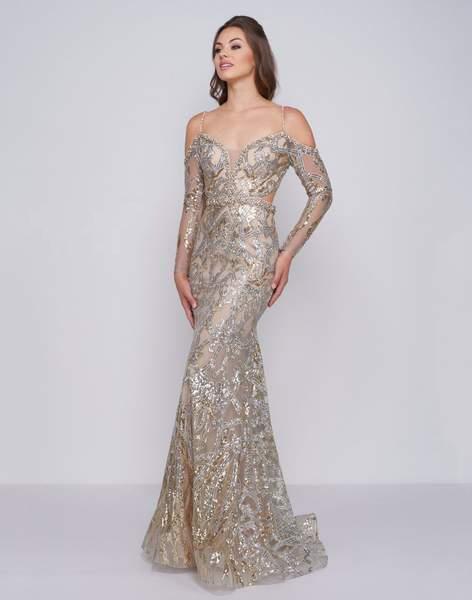 Mac Duggal Prom - 50551M Embellished Plunging V-neck Dress With Train In Silver and Gold