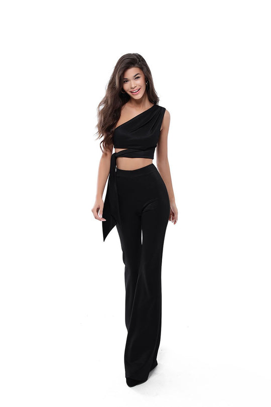 Tarik Ediz - 50527 Two-Piece Asymmetrical Tie Waist Pantsuit In Black