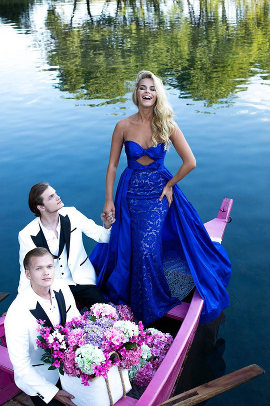 Tarik Ediz - 50532 Ribbon Accented Midriff Cutout Overskirt Gown In Blue