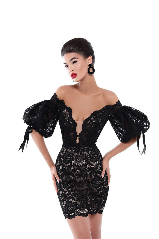 Tarik Ediz - 50533 Puffed Sleeve Off Shoulder Lace Sheath Dress In Black