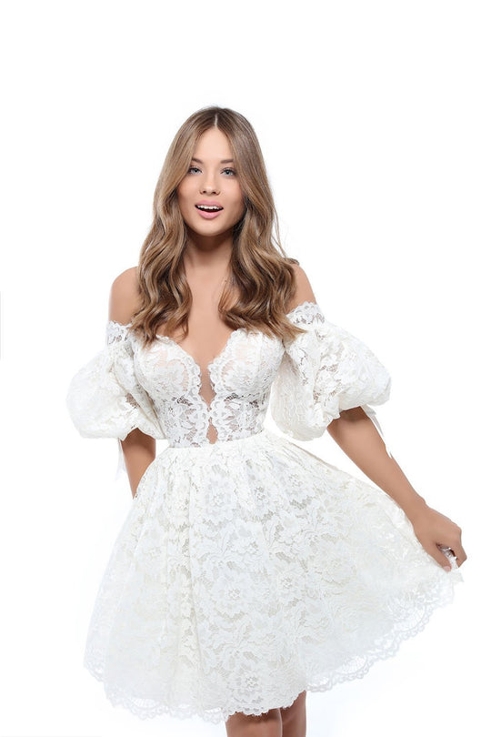 Tarik Ediz - 50535 Puffed Sleeve Off Shoulder Scalloped Lace Dress In White