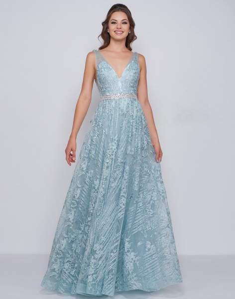 Mac Duggal Prom - 50543M Embroidered Plunging V-Neck A-Line Gown In Blue