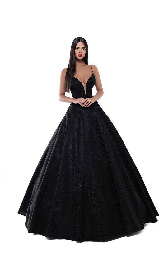 Tarik Ediz - 50539 Plunging V-Neck Lace Up Glitter Ballgown In Black