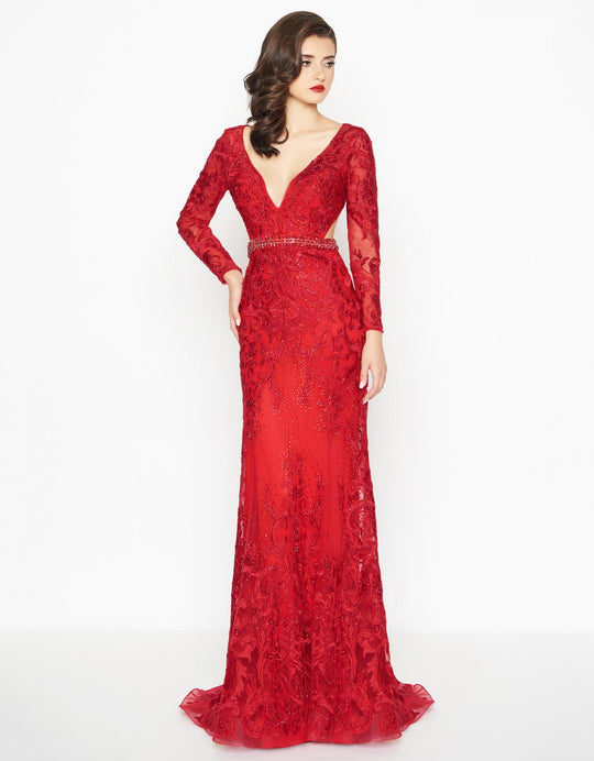 Mac Duggal - 50540R Beaded Lace Deep V-neck Sheath Dress in Red