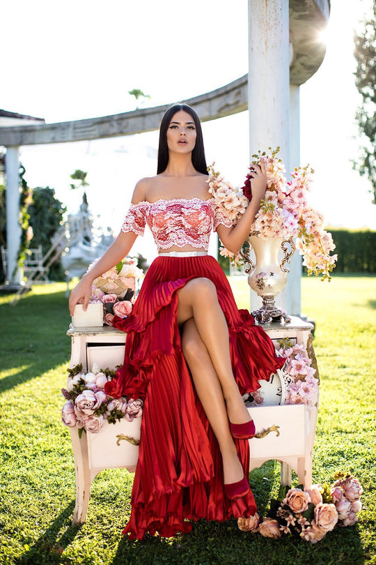 Tarik Ediz - 50546 Two-Piece Lace Bodice Layered A-Line Gown In Red