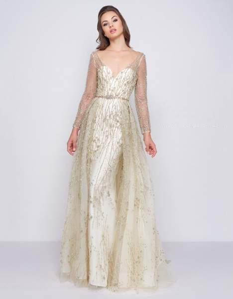 Mac Duggal Couture - 50553D Embellished V-neck Dress With Overskirt In Neutral