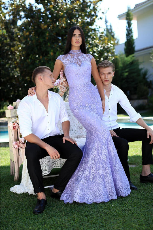 Tarik Ediz - 50553 Lace High Neck Mermaid Dress With Train In Purple