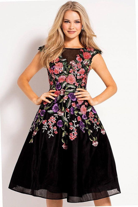50562 Multicolor Floral Embroidered Fit and Flare Dress