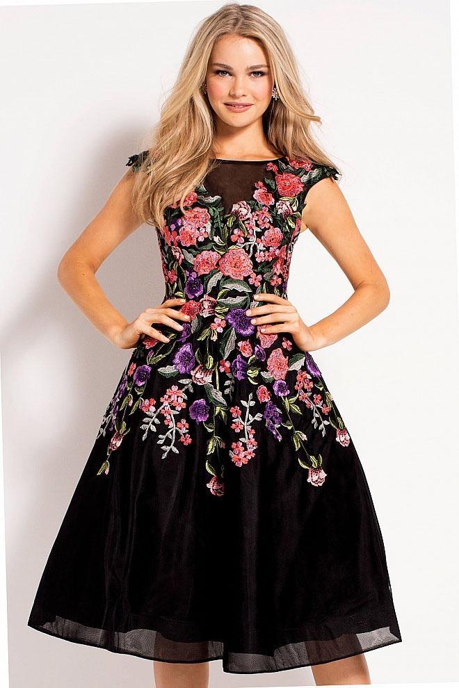 50562 Multicolor Floral Embroidered Fit and Flare Dress