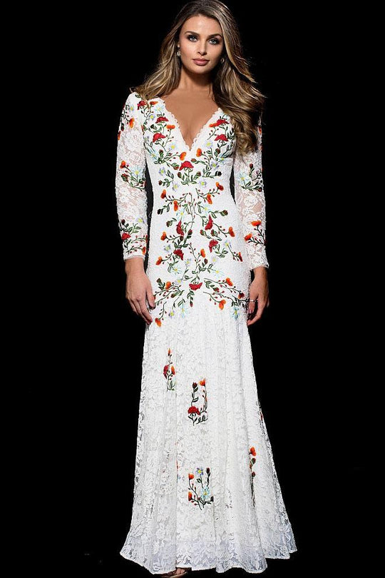 50605 Multi-Colored Floral Embroidered Lace Trumpet Dress