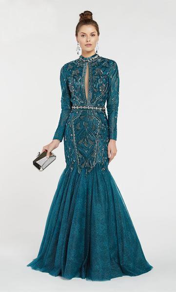 Alyce Paris - 5062 Beaded High Neck Long Sleeves Trumpet Gown In Blue and Green