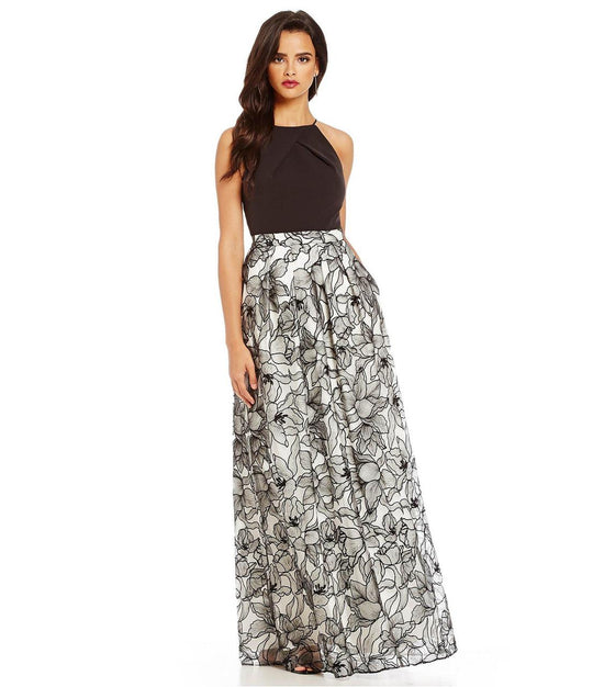 Aidan by Aidan Mattox - Halter Neckline Embroidered Long Dress MN1E200582 in Black and White