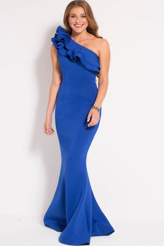 50640 Asymmetrical Tiered Ruffle Sheath Gown