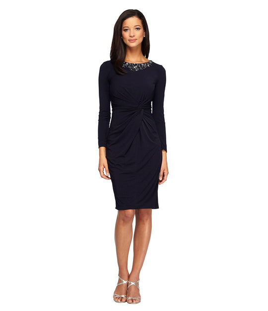 Alex Evenings - 1351271 Embellished Neck Long Sleeves Twist-Front Dress in Blue
