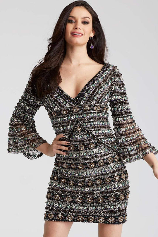 50645 Beaded V Neck Bell Sleeves Cocktail Dress