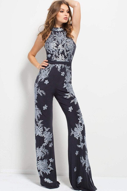 50647 Floral Embroidered High Neck Jumpsuit
