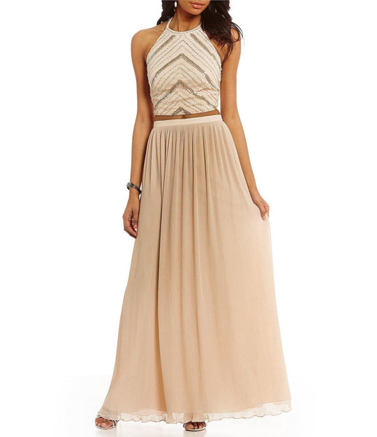 Aidan by Aidan Mattox - Halter Neck Two-Piece Long Dress MN1E200716 in Neutral