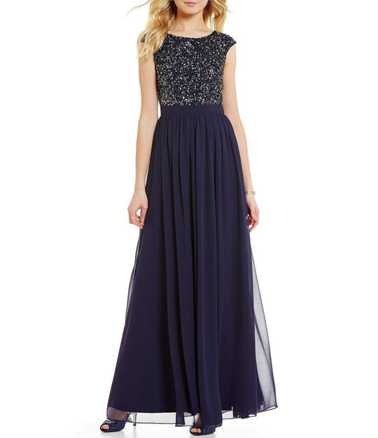 Aidan by Aidan Mattox - Sequined Bateau Neckline Long Dress MN1E200679 in Blue