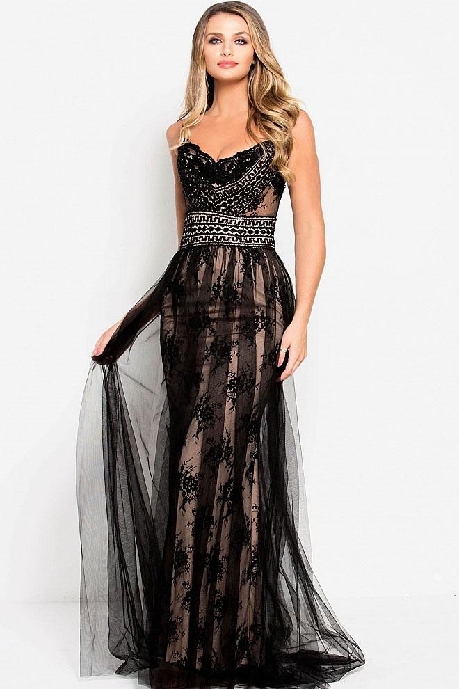 50686 Lace V-neck A-line Dress With Tulle Overlay