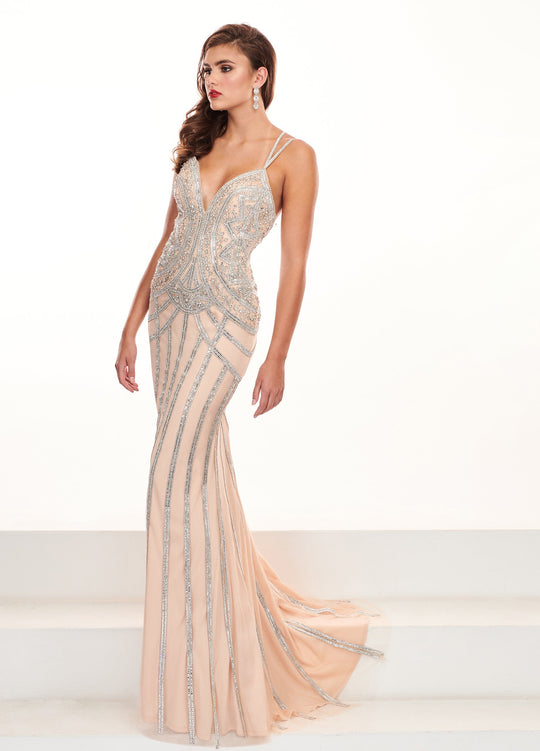 Rachel Allan Prima Donna - 5072 Beaded Deep Vneck Jersey Trumpet Dress In Neutral