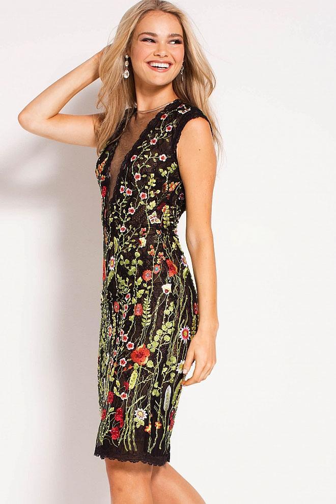 50735 Embroidered Lace Illusion Jewel Cocktail Dress