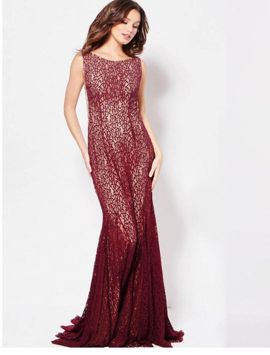 Jovani Bateau Stretch Lace Trumpet Evening Gown 50757 - 1 pc Plum In Size 2 Available In Red