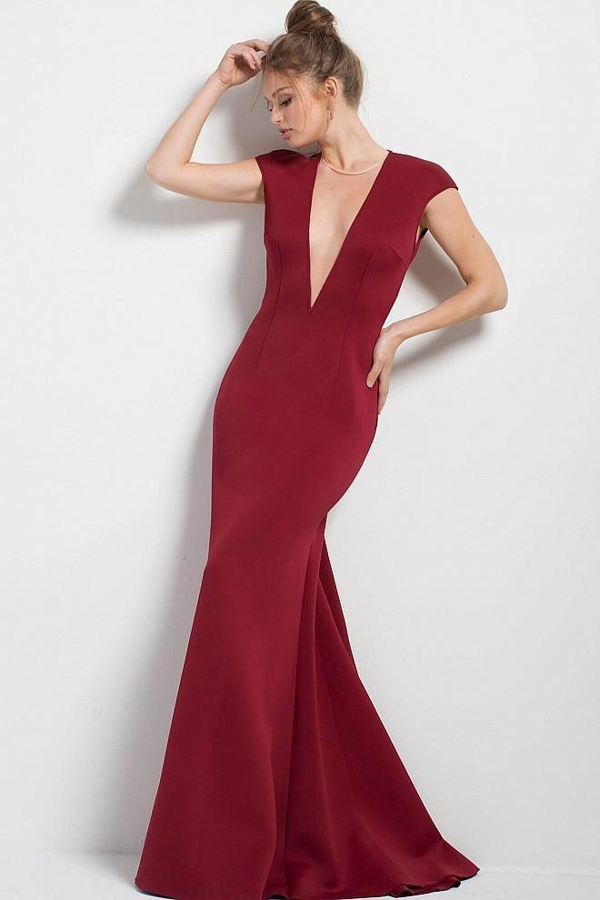 50778 Illusion Plunging Neck Fitted Gown