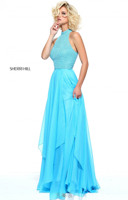 Sherri Hill - 50808 Beaded Halter Neck Chiffon Gown In Blue