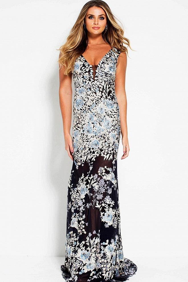 50842 Floral Embroidered Deep V-neck Sheath Dress