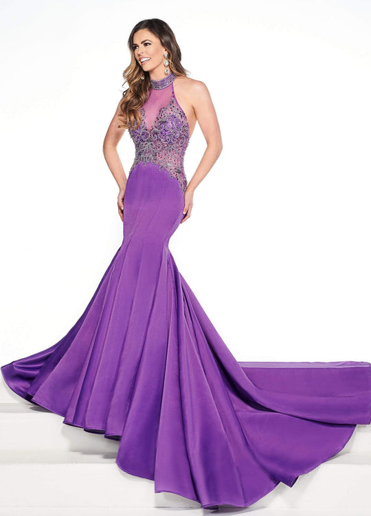 Rachel Allan Primadonna - 5086 Bejeweled High Halter Mermaid Dress In Purple
