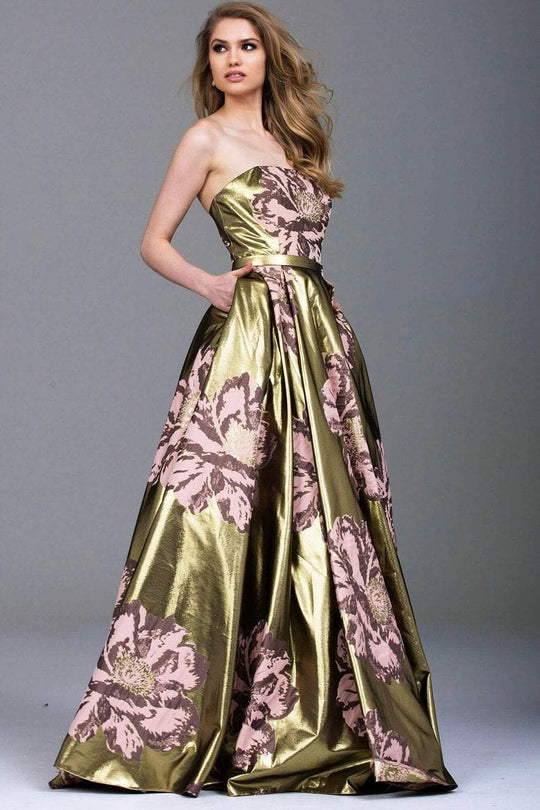 50990 Strapless Gold Floral Print Ballgown