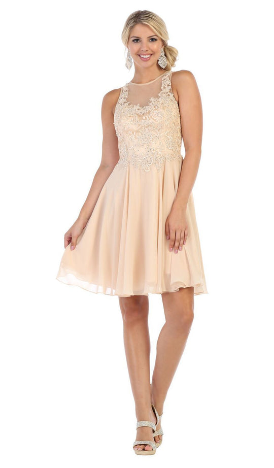 May Queen - MQ1618 Embroidered Illusion Halter A-line Dress In Nude