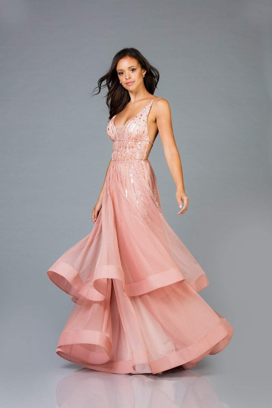 Scala - 48947 Sequined Deep V-neck Tiered A-line Dress In Pink