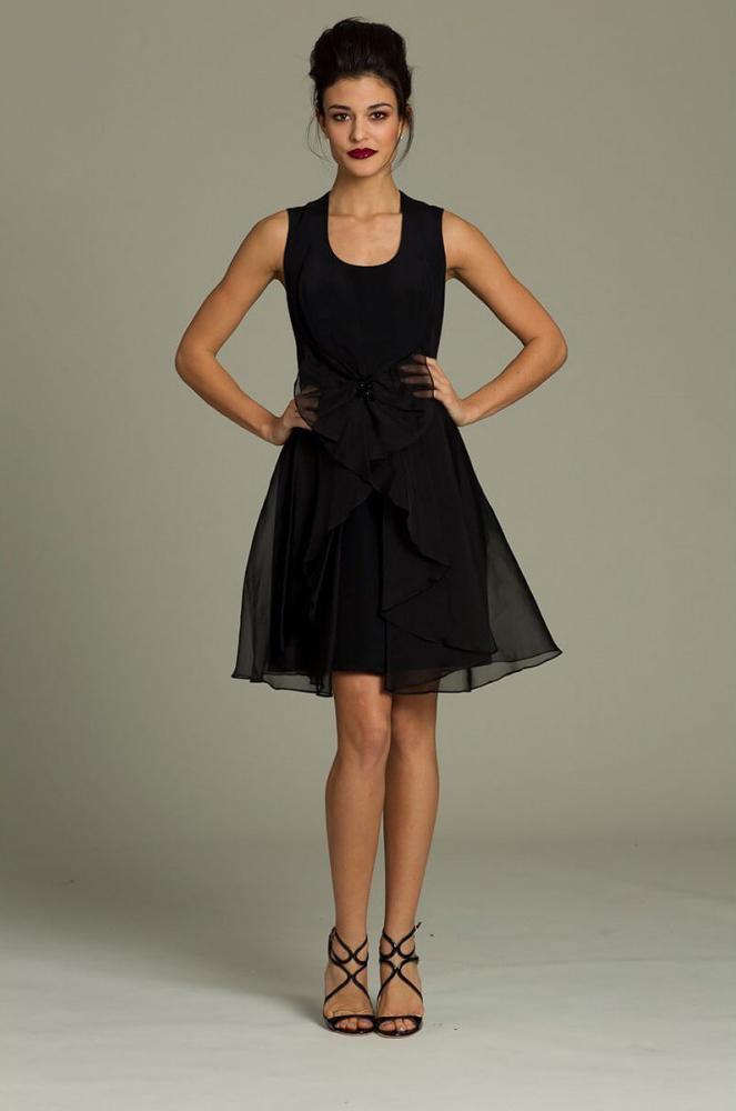 72692 Chiffon Overlay Sleeveless Short Black Dress