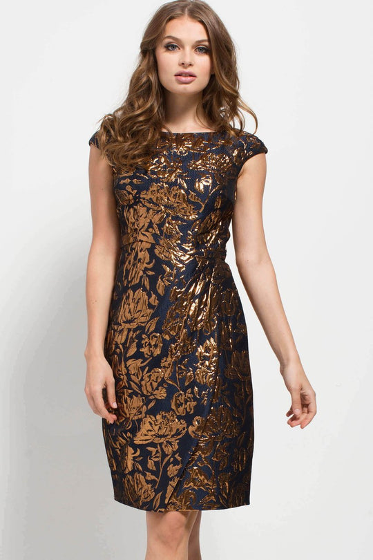 51001 Cap Sleeve Ruched Metallic Cocktail Dress