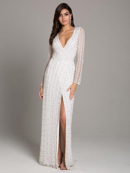 Lara Dresses - 51007 Beaded Deep V-neck Long Sleeve Sheath Dress In White