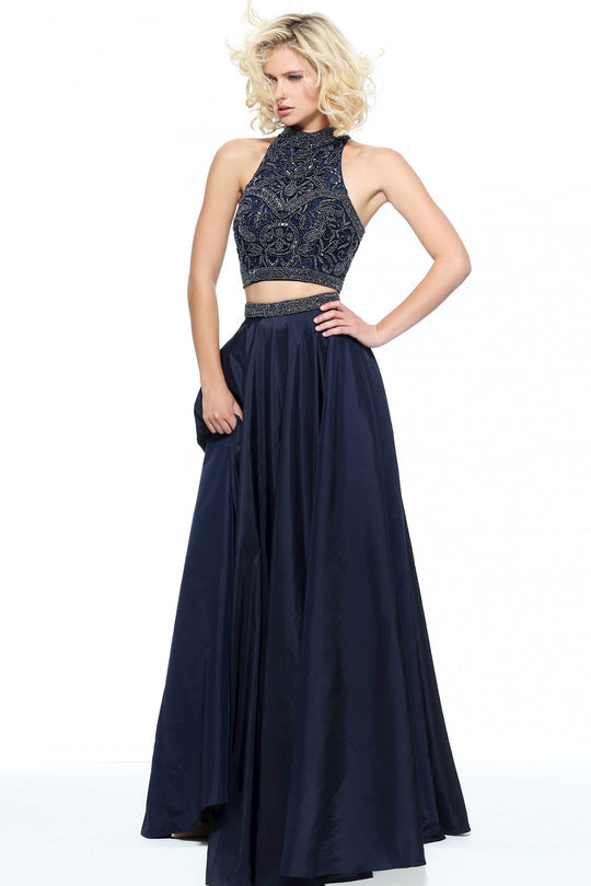 Sherri Hill - 51061 Beaded Two Piece High Halter A Line Dress In Blue