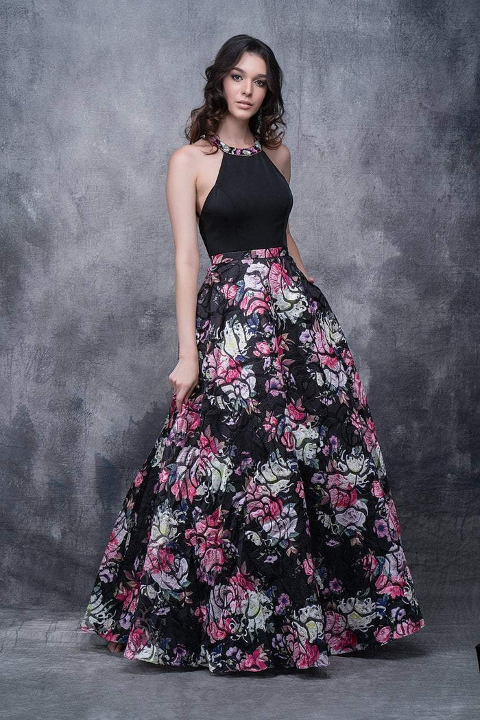 Nina Canacci - 5106 Halter Floral Printed A-Line Dress In Black and Print