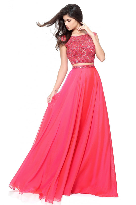 Sherri Hill - 51091 Two-Piece Beaded Cap Sleeve Chiffon Dress In Pink