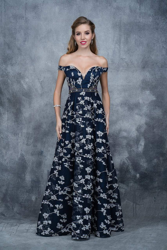 Nina Canacci - 5112 Off Shoulder Sheer Embellished A-line Dress In Blue