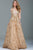 51165 Plunging Gold Embellished Evening Gown