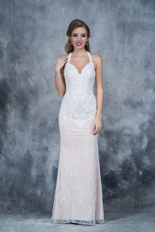 Nina Canacci - 5116 Luscious Lace Halter Evening Dress In White