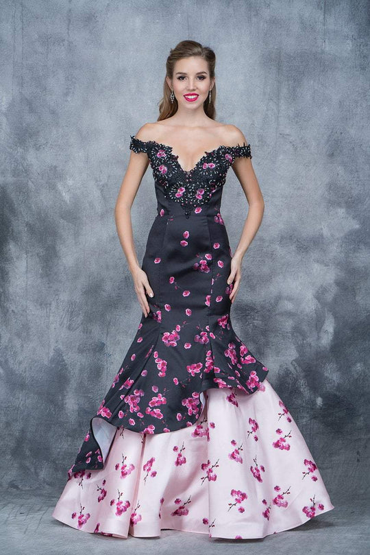Nina Canacci - 5117 Off Shoulder Floral Ruffled Mermaid Dress In Black and Print