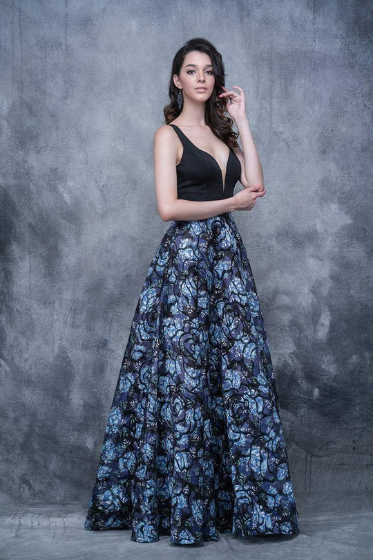 Nina Canacci - 5119 Plunging V-Neck with Contrasting A-line Skirt In Print
