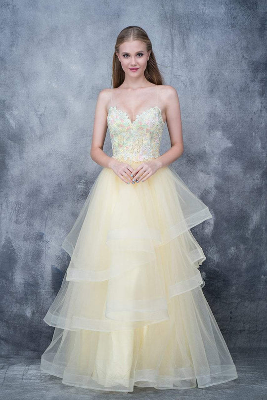 Nina Canacci - 5121 Sweetheart Lace Beaded Ruffle Tier Gown In Yellow and Floral