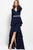 Jovani - Long Sleeve Cascading Peplum High Slit Gown in Blue