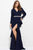 Jovani - Long Sleeve Cascading Peplum High Slit Gown in Blue