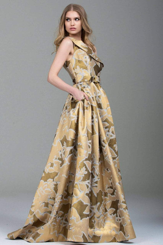 Jovani - Draped Asymmetrical Floral Print Ballgown in Gold