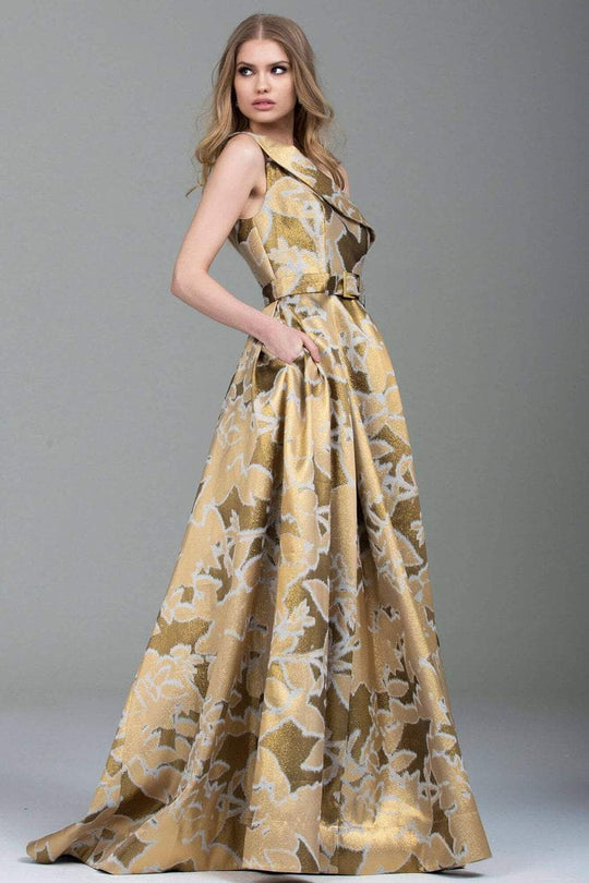 51244 One Shoulder Gold Print Ballgown